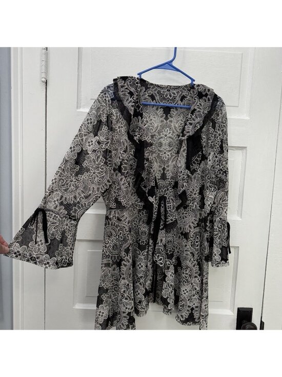 Unbranded Tops - Black White Floral Paisley Sheer Tunic Top Tie Waist Bell Sleeve Womens L